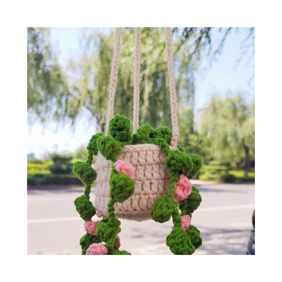 Rearview Mirror Pendant Cute Potted Plants Crochet Car Mirror Hand Knitted Plant Hanging Ornaments Car Accessories A 4713658272595