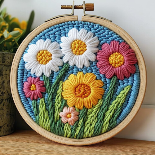 Abstrakt Daisy Punch Needle Kit – Tryckt Mönster, Ram &