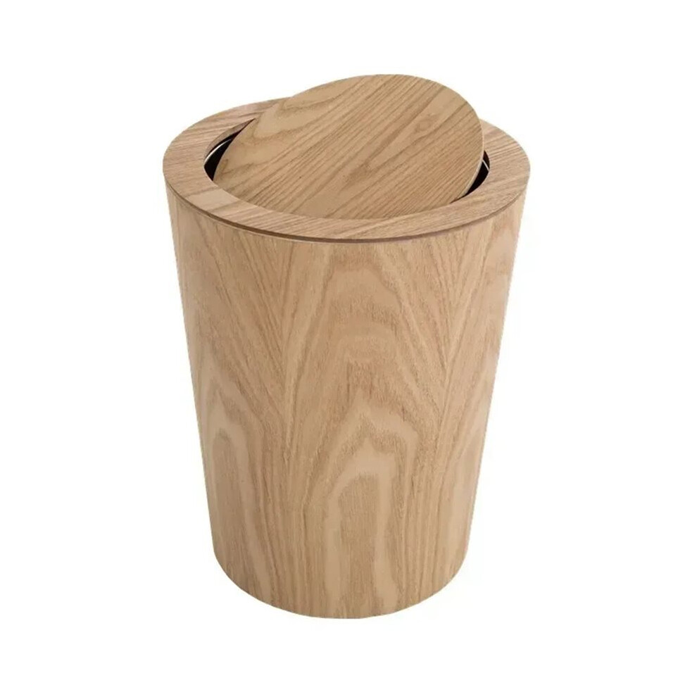 10L Solid Wood Wastebasket with Swing Cover - Eco-Friendly Round Trash Can for Office and Home B