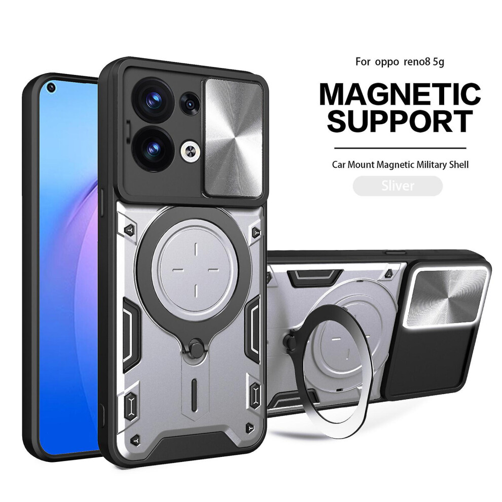 Magnetic Phone Case Compatible Oppo Reno 8 5G, Slide Camera Lens Protection And Built In 360 Rotatable Ring Holder:silvery 3443154366559