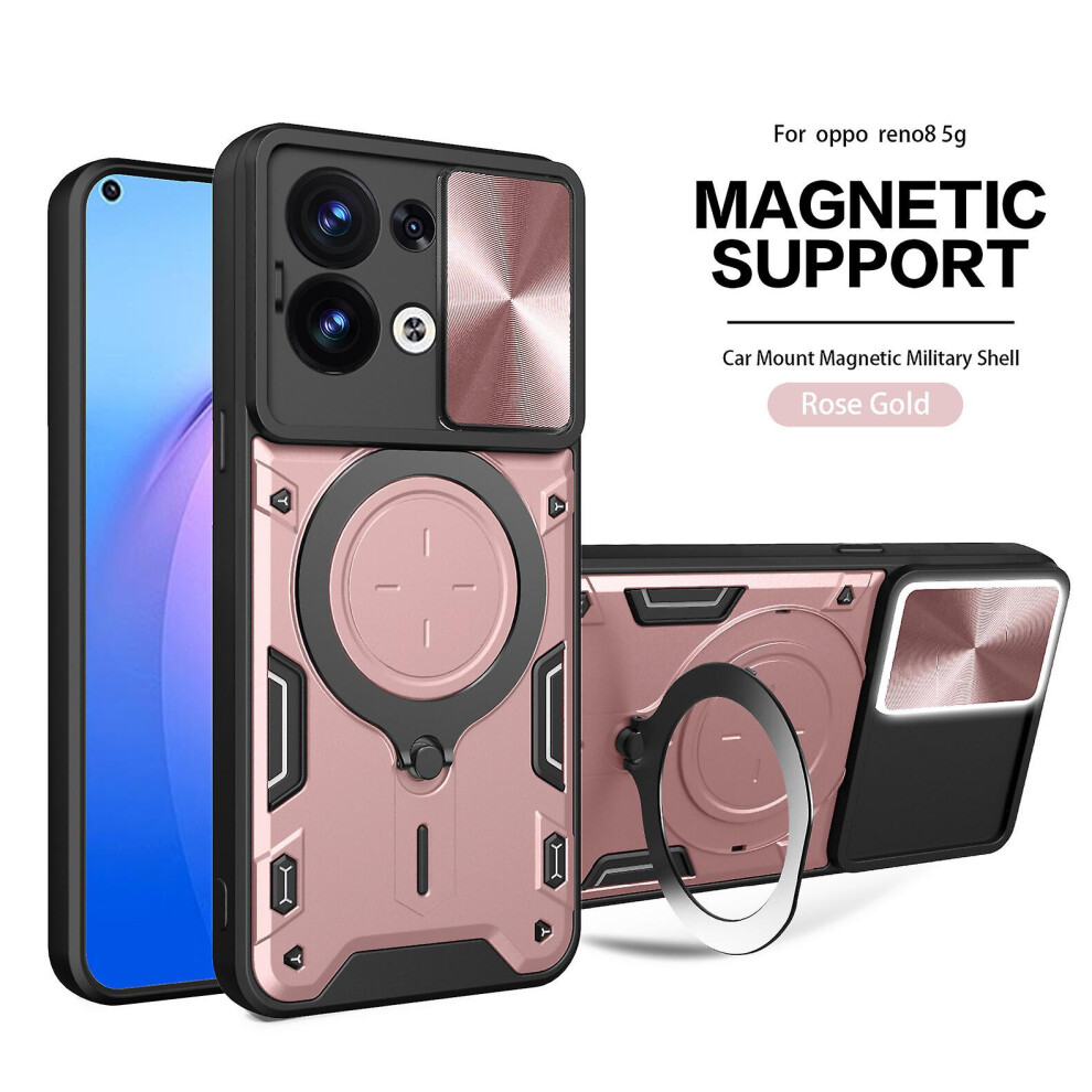 Magnetic Phone Case Compatible Oppo Reno 8 5G, Slide Camera Lens Protection And Built In 360 Rotatable Ring Holder:rose Gold 3443154366542