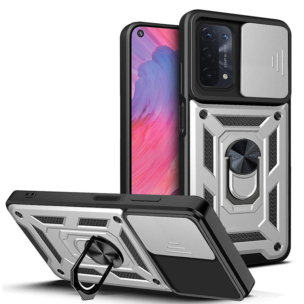 Magnetic Phone Case Compatible Oppo A74 5G /A93 5G /A54 5G, Slide Camera Lens Protection And Built In 360 Rotatable Ring Holder: Silver 7465757429994