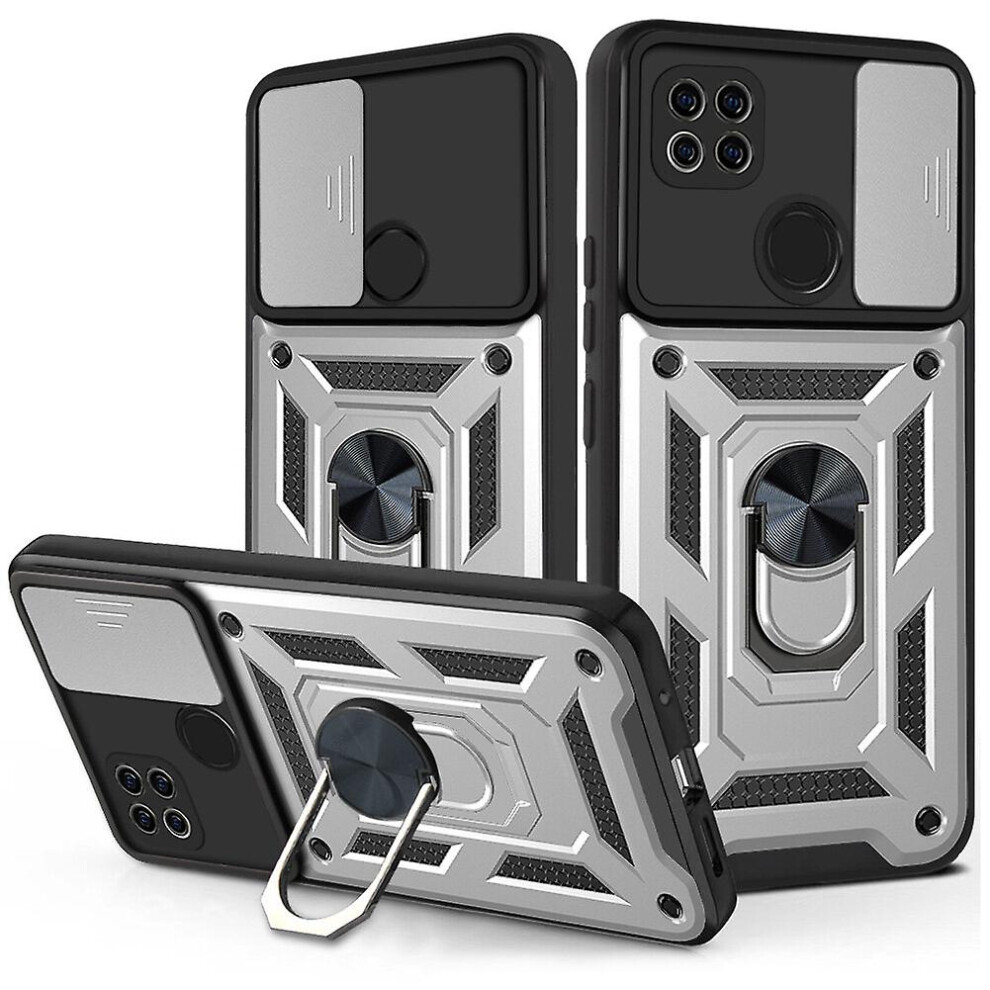 Magnetic Phone Case Compatible Xiaomi Redmi 9C, Slide Camera Lens Protection And Built In 360 Rotatable Ring Holder: Silver 8375701229299