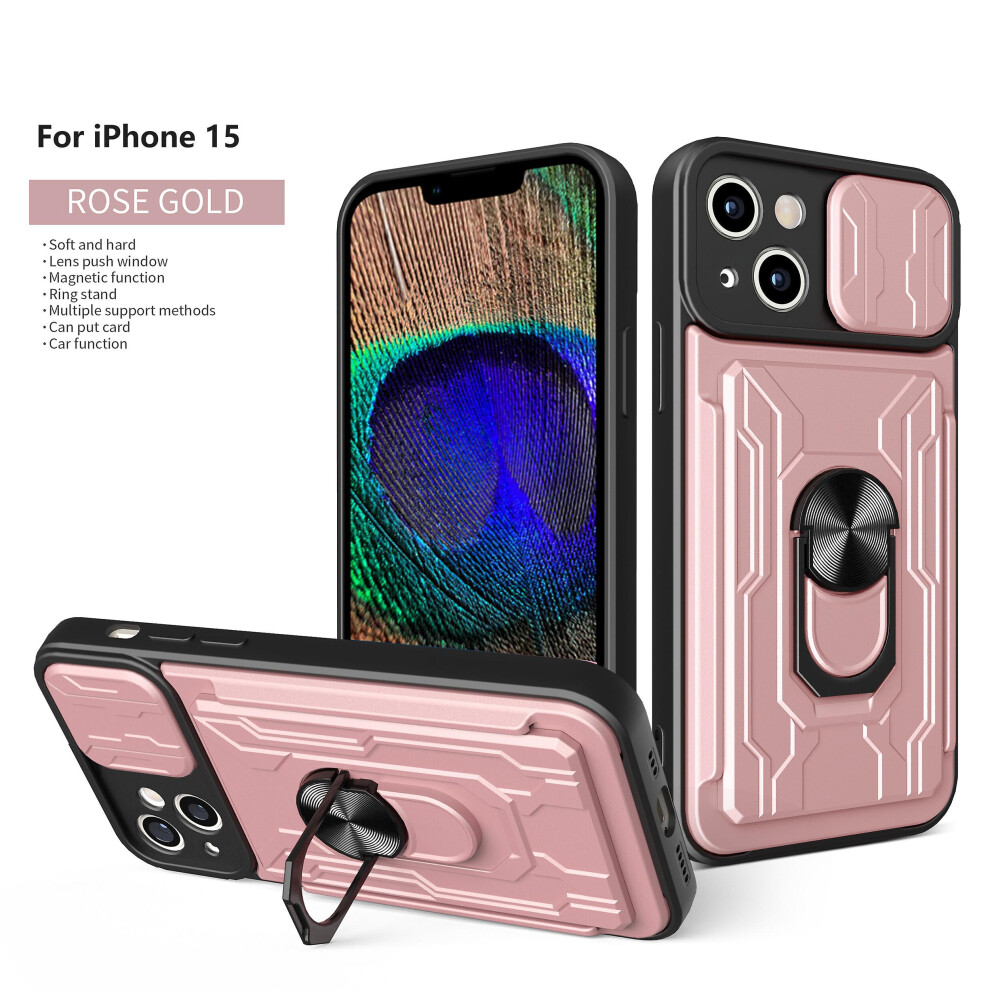 Magnetic Phone Case Compatible Iphone 15 Slide Camera Lens Protection And Built In 360 Rotatable Ring Holder:rose Gold 3403292165834
