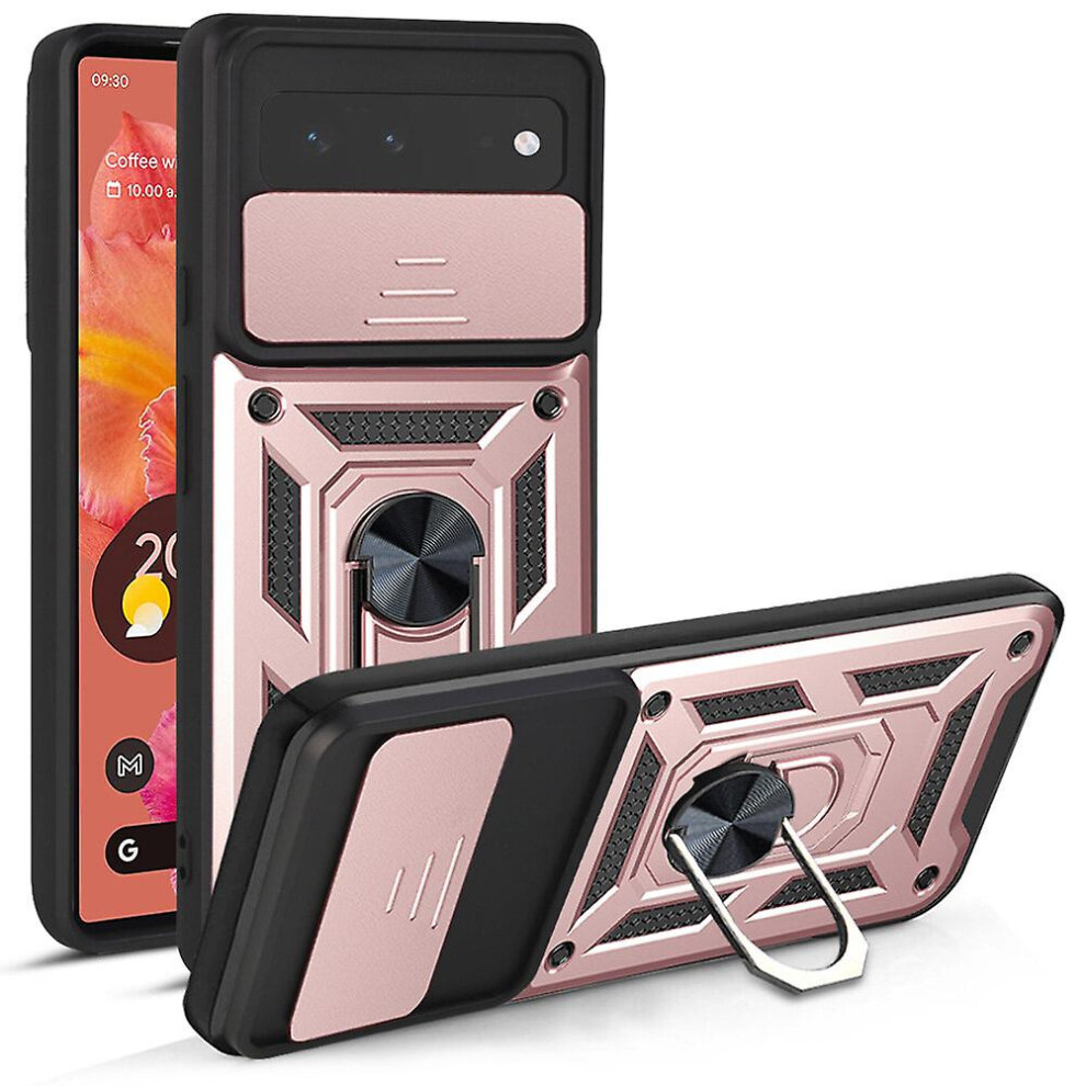 Magnetic Phone Case Compatible Google Pixel 6, Slide Camera Lens Protection And Built In 360 Rotatable Ring Holder:rose Gold 8036651212037