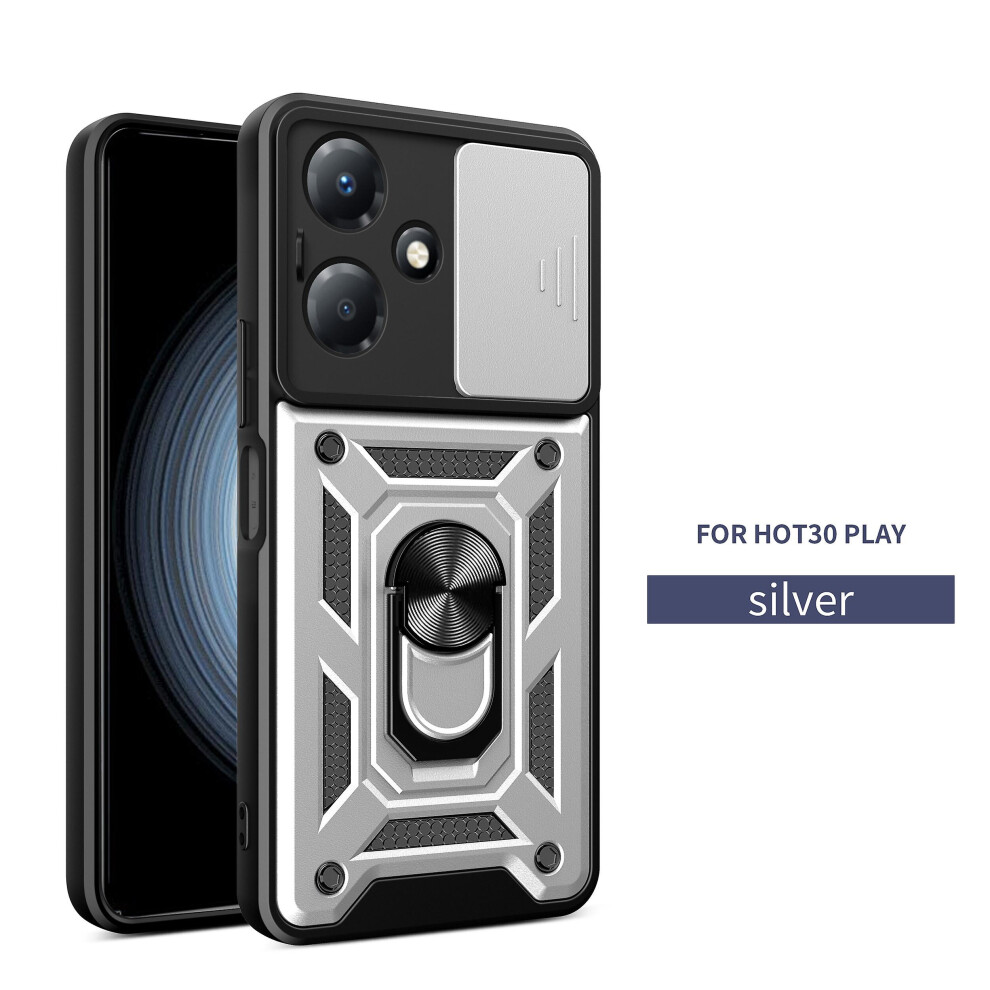 Magnetic Phone Case Compatible Infinix Hot 30 Play, Slide Camera Lens Protection And Built In 360 Rotatable Ring Holder: Silver 8036651212112