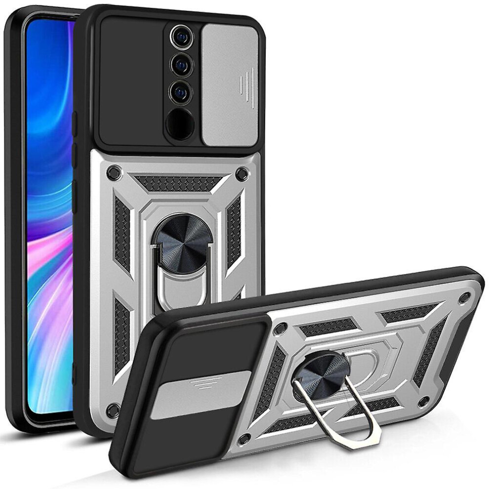 Magnetic Phone Case Compatible Xiaomi Redmi Note 8 Pro, Slide Camera Lens Protection And Built In 360 Rotatable Ring Holder: Silver 8301432190461