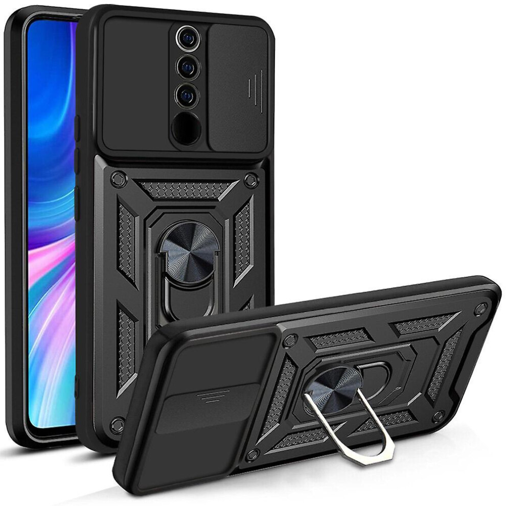 Magnetic Phone Case Compatible Xiaomi Redmi Note 8 Pro, Slide Camera Lens Protection And Built In 360 Rotatable Ring Holder: Black 8301432190409