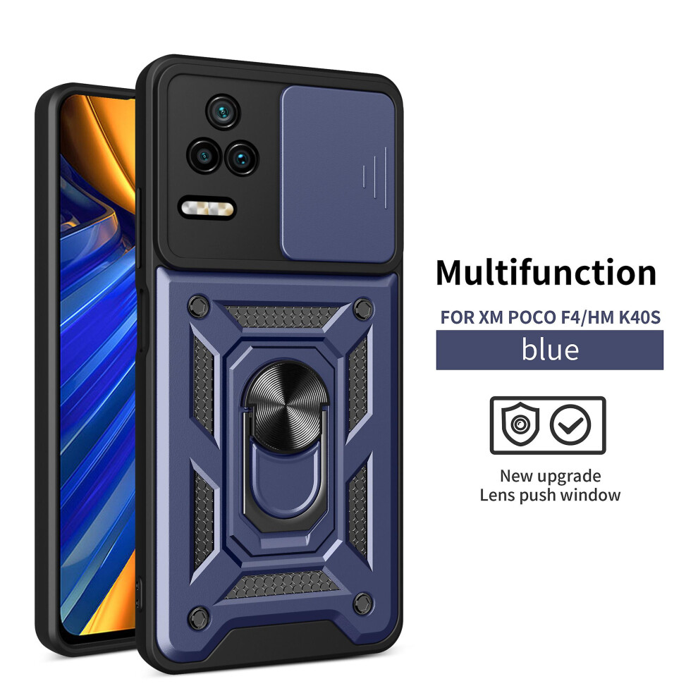 Magnetic Phone Case Compatible Xiaomi Poco F4/ Redmi K40s, Slide Camera Lens Protection And Built In 360 Rotatable Ring Holder: Blue 5423855226626