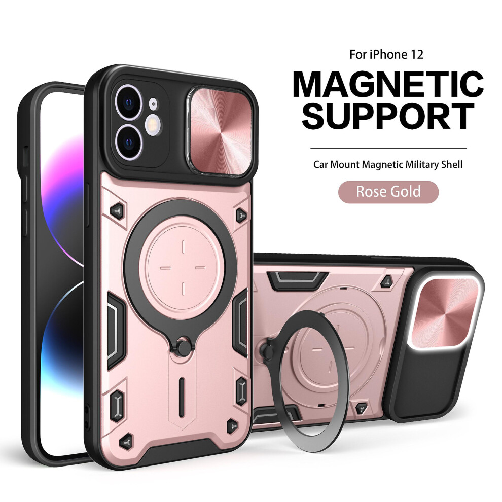 Magnetic Phone Case Compatible Iphone 12, Slide Camera Lens Protection And Built In 360 Rotatable Ring Holder:rose Gold 4908972319761