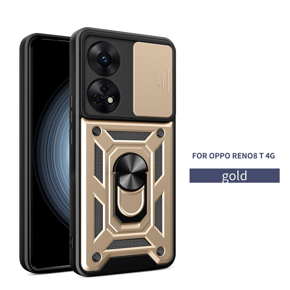 Magnetic Phone Case Compatible Oppo Reno 8T 4G, Slide Camera Lens Protection And Built In 360 Rotatable Ring Holder: Gold 4908972320101