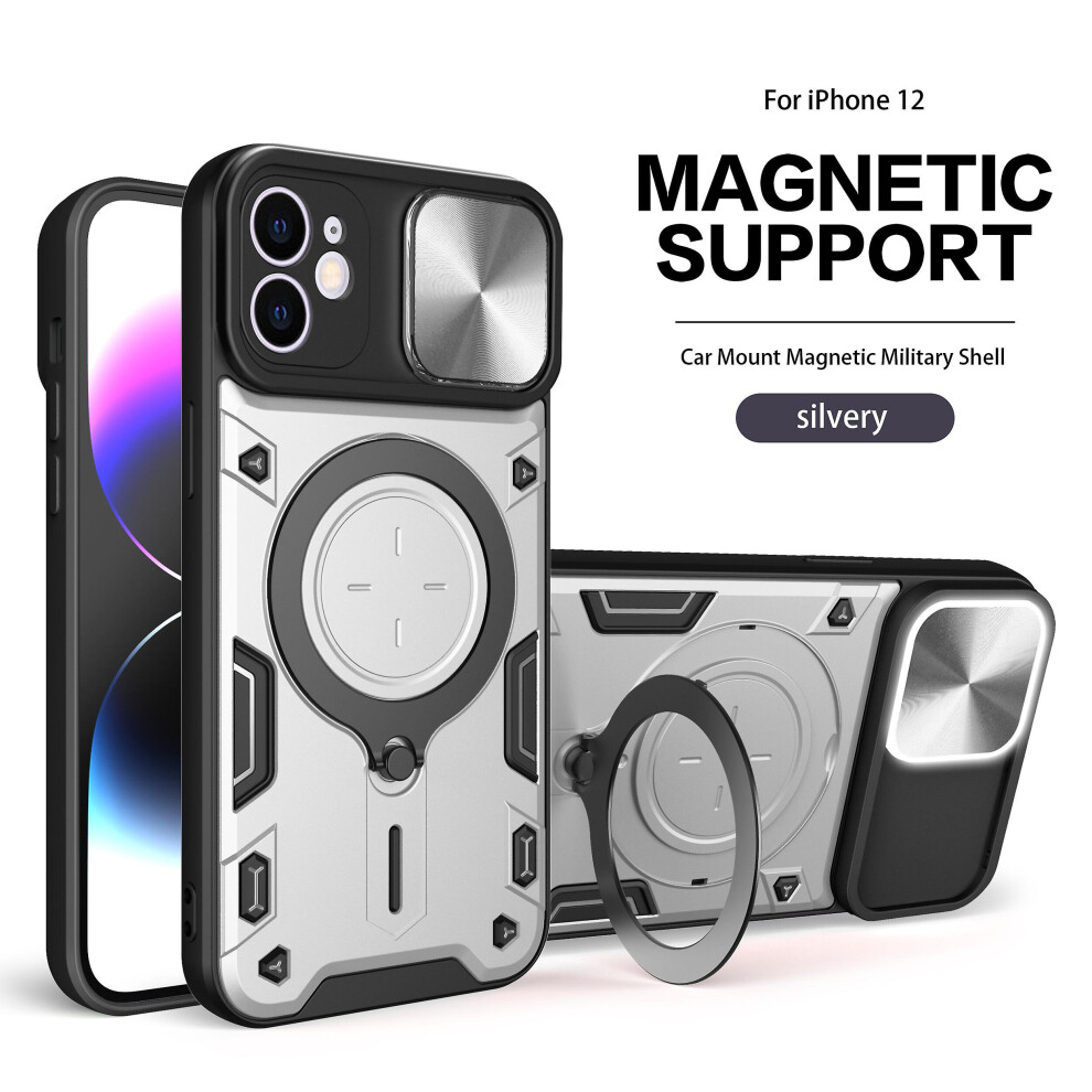 Magnetic Phone Case Compatible Iphone 12, Slide Camera Lens Protection And Built In 360 Rotatable Ring Holder:silvery 4908972319778