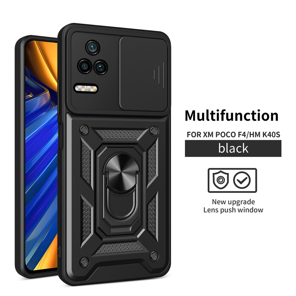 Magnetic Phone Case Compatible Xiaomi Poco F4/ Redmi K40s, Slide Camera Lens Protection And Built In 360 Rotatable Ring Holder: Black 5423855226619