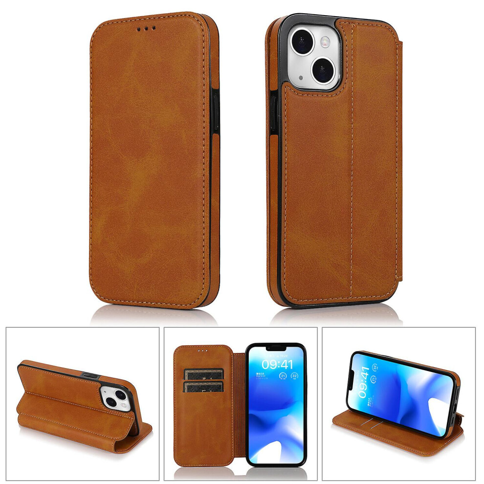 Iphone 14 Plus Case Leather Wallet Flip Phone Case:khaki 7634938126728