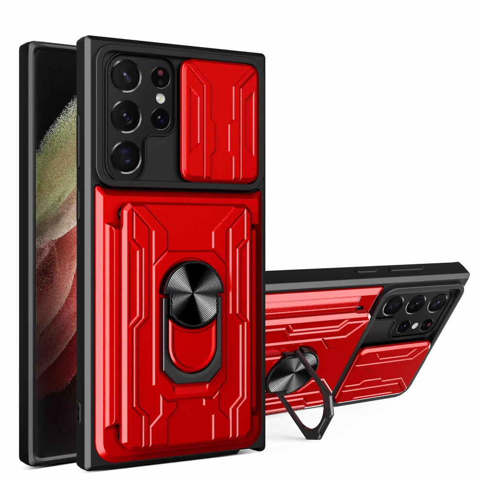 Magnetic Phone Case Compatible Samsung S22 Ultra Slide Camera Lens Protection And Built In 360 Rotatable Ring Holder: Red 4908972319693