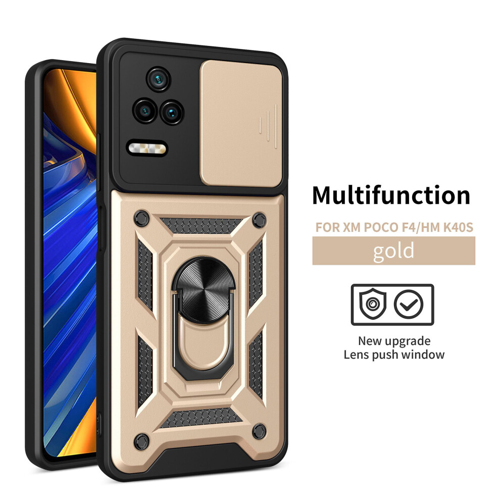 Magnetic Phone Case Compatible Xiaomi Poco F4/ Redmi K40s, Slide Camera Lens Protection And Built In 360 Rotatable Ring Holder: Gold 5423855226633