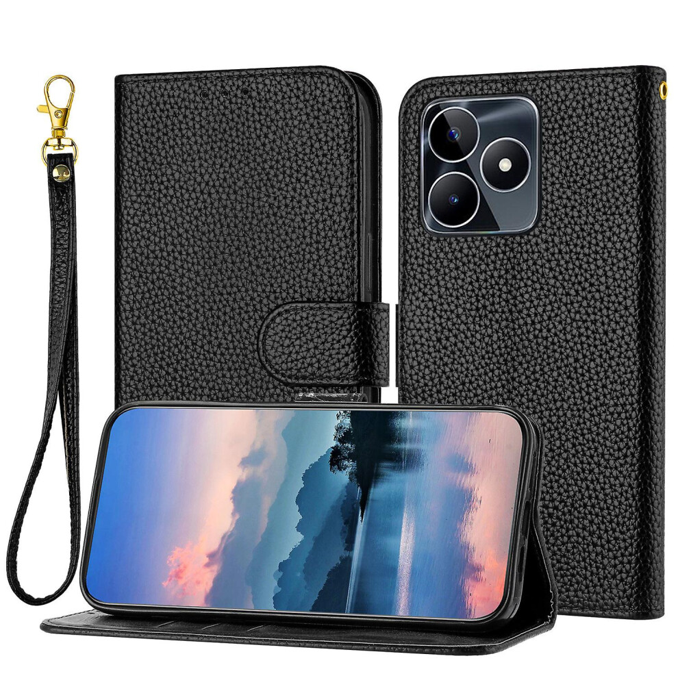 Compatible Oppo Realme C53 Case, Litchi Pu Leather Folio Cover Magnetic Closure Flip Wallet Card Slots Stand Case With Hand Strap,: Grain/Brown/Black 5421786256224