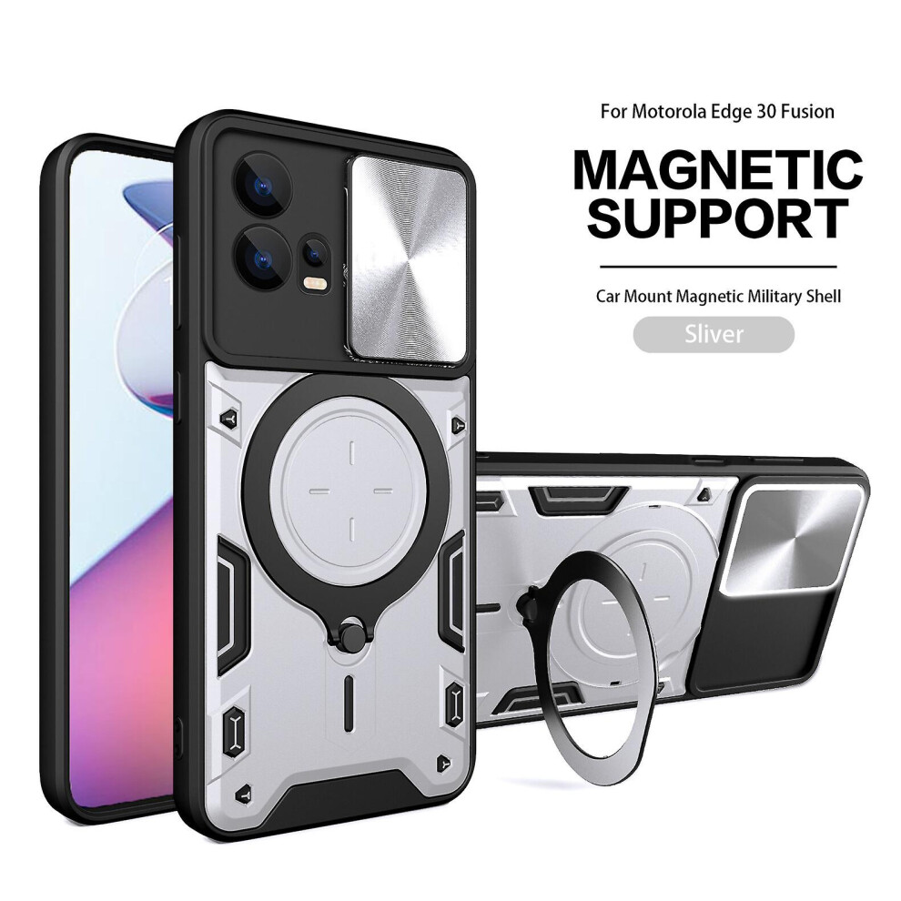 Magnetic Phone Case Compatible Moto Edge 30 Fusion 5G, Slide Camera Lens Protection And Built In 360 Rotatable Ring Holder:silvery 5011540333102