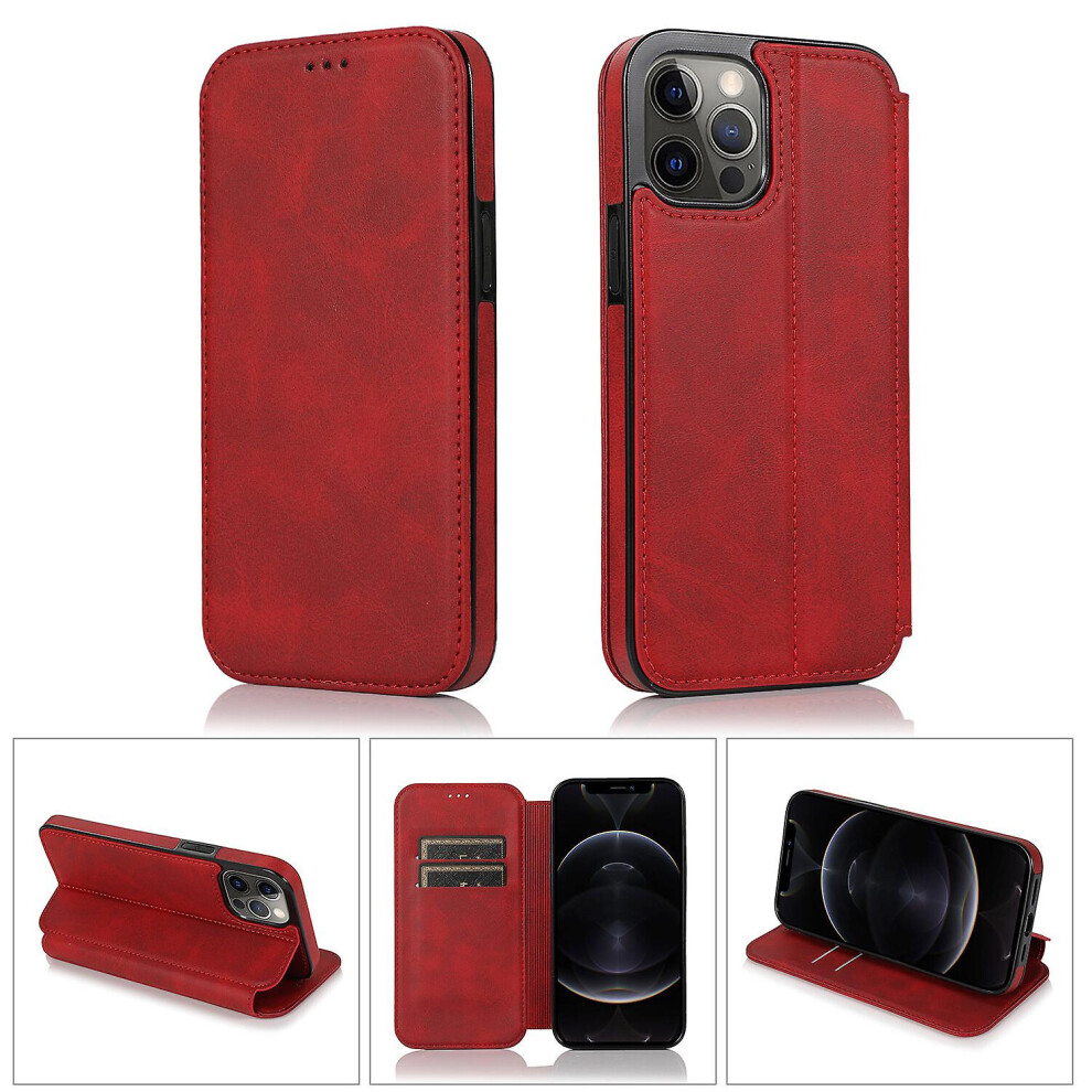 Iphone 12 Pro Max Case Leather Wallet Flip Phone Case: Red 5421786256354