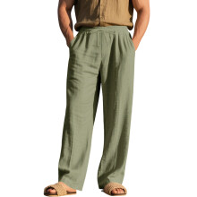 Men's Linen Button Straight Leg Pants,-Army Green XXXL
