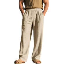 Men's Linen Button Straight Leg Pants, Drawstring-Khaki XXL