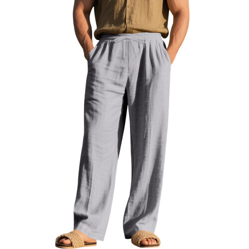 Men's Linen Button Straight Leg Pants, Drawstring-Gray XXL