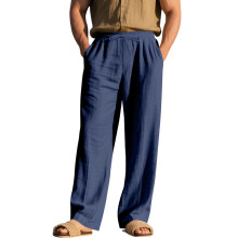 Men's Linen Button Straight Leg Pants, Drawstring-Dark Blue L