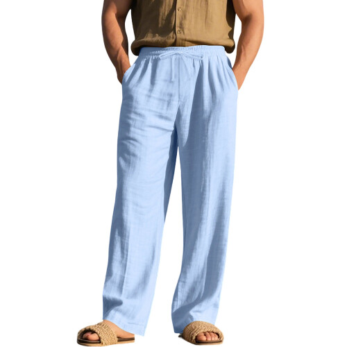 Men's Linen Button Straight Leg Pants, Drawstring-Sky Blue S