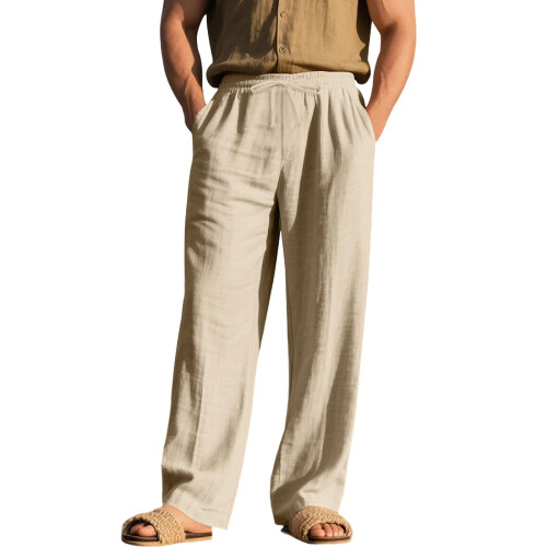 Men's Linen Button Straight Leg Pants, Drawstring-Khaki M