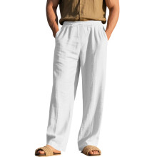 Men's Linen Button Straight Leg Pants, Drawstring-White XXXL