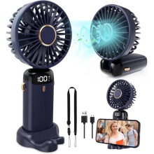 Mini draagbare USB-ventilator met oplaadbare batterij, 4000 mAh, opvouwbaar, met 5 snelheden en voetstuk voor thuis en op kantoor, blauw
