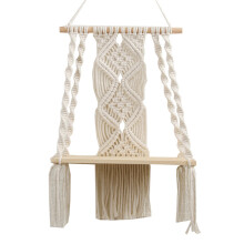 Boho Macrame VäGghäNgande Hylla Handgjorda VäVda Tofs GobeläNgstäLl Trä Flytande FöRvaringshäNgare för HemväGgdekoration