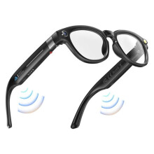 Smart connected glasses with 4K camera, 8MP photo/video/audio recording, AI translation, stereo, Bluetooth, WiFi, and 4GB memory.