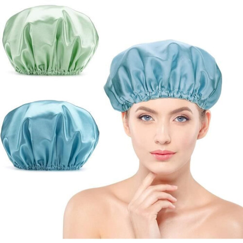 Cuffia da doccia da donna, cuffia elastica riutilizzabile per capelli, per doccia, spa e salone di bellezza, 2 pezzi (blu + verde).