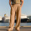 Men's Linen Button Straight Leg Pants, Drawstring-Dark Blue M 4