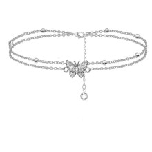 Tobilleras de plata de 14k con mariposa para mujer - Tobilleras ajustables de varias capas para mujer - Regalos de joyería para mujeres