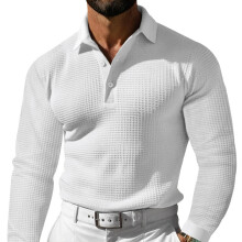 (White, XL) Polo da uomo a maniche lunghe con motivo waffle e bottoni, maglietta casual per le vacanze