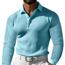 (Light Blue, M) Męska koszula polo z długim rękawem i guzikami, w stylu casual, na wakacje