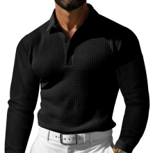 (Black, XXL) Polo da uomo a maniche lunghe con motivo waffle e bottoni, maglietta casual per le vacanze