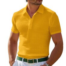 (Yellow, XXXL) Polo casual da uomo a nido d'ape, tinta unita, traspirante, taglie forti, sportiva