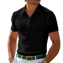(Black, L) Herre Vaffelfarget Ensfarget Avslappet Poloskjorte Pustende Plus Size Sports
