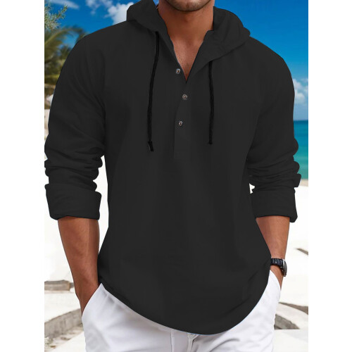(Black, L) Herregenser i perlebomull med liten twill-krage og hette med knapper