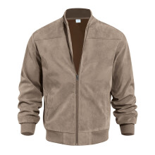 (Brown, XL) Cardigan da uomo in pelle scamosciata tinta unita, casual, con collo alto e cerniera, taglie forti, maniche lunghe