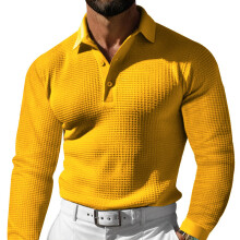 (Yellow, L) Polo da uomo a maniche lunghe con motivo waffle e bottoni, maglietta casual per le vacanze