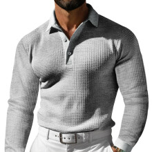 (Light Gray, S) Męska koszula polo z długim rękawem i guzikami, w stylu casual, na wakacje