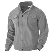 (Gray, XXL) Høst-vinter herrekordfløyelsjakke med slag American Vintage arbeidsjakke med flere lommer