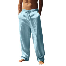 (Light Blue, XL) Pantaloni da uomo casual in cotone e lino, gamba dritta, taglie forti, ampi e traspiranti, ideali per l'estate e la spiaggia.
