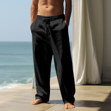 (Black, XL) Pantaloni da uomo casual in cotone e lino, gamba dritta, taglie forti, ampi e traspiranti, ideali per l'estate e la spiaggia.