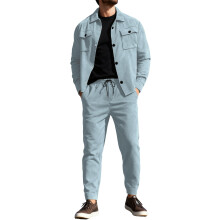 (Light Blue, S) Men's Autumn/Winter Suede Two-Piece Set: Solid Color Jacket & Casual Pants