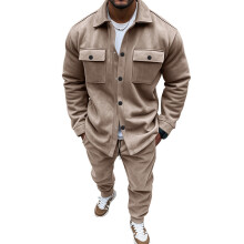(Khaki, L) Men's Autumn/Winter Suede Two-Piece Set: Solid Color Jacket & Casual Pants